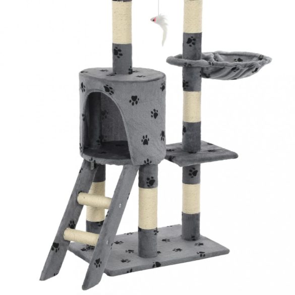 szürke, mancsmintás macskabútor szizál kaparófákkal 138 cm