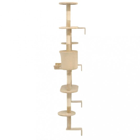 bézs falra szerelhető macskabútor szizál kaparófákkal 194 cm