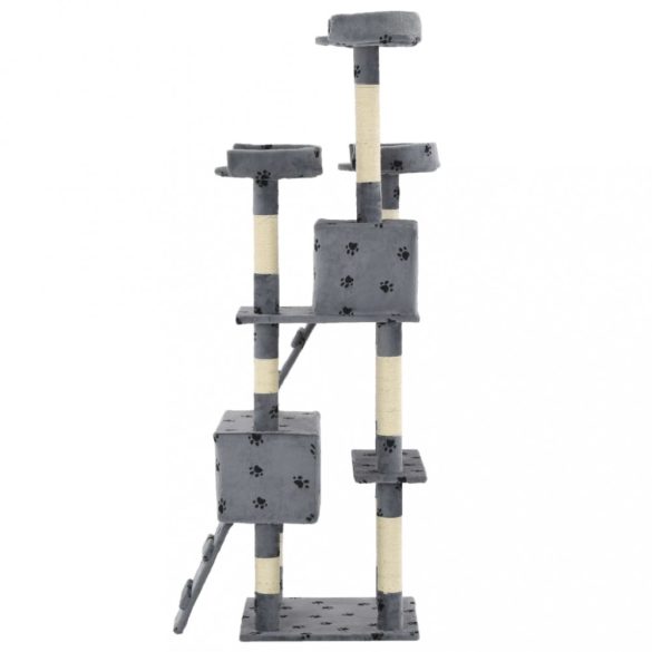 szürke, mancsmintás macskabútor szizál kaparófákkal 170 cm