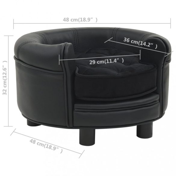 fekete plüss és műbőr kutyakanapé 48 x 48 x 32 cm