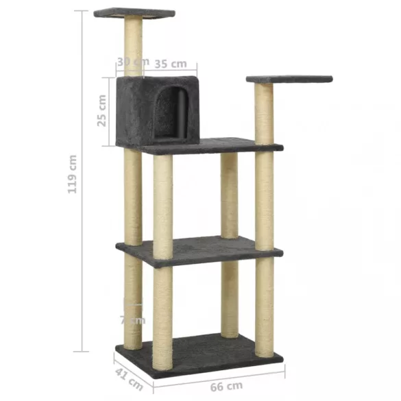 sötétszürke macskabútor szizál kaparófával 118,5 cm