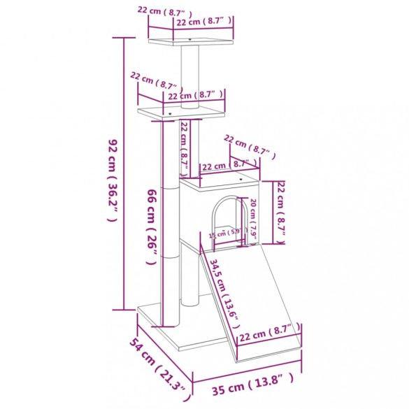 világosszürke macskabútor szizál kaparófákkal 92 cm