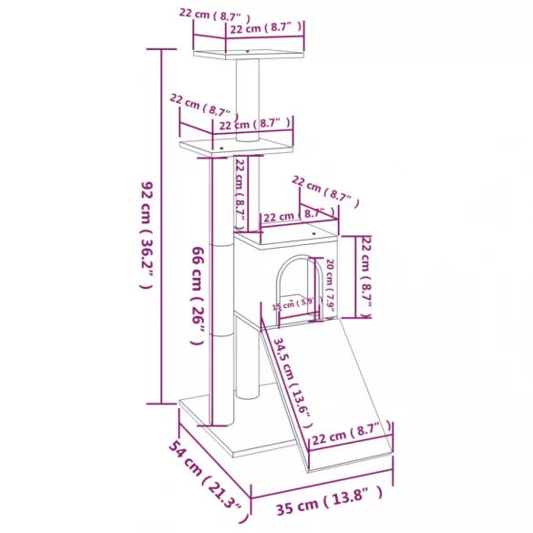 sötétszürke macskabútor szizál kaparófákkal 92 cm