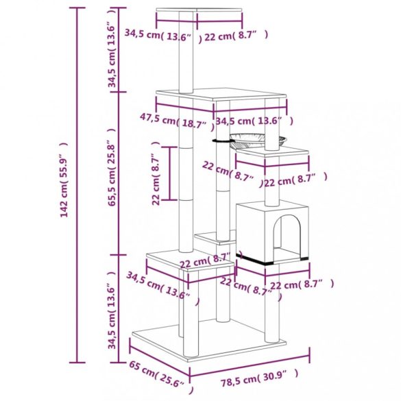 krémszínű macskabútor szizál kaparófákkal 142 cm