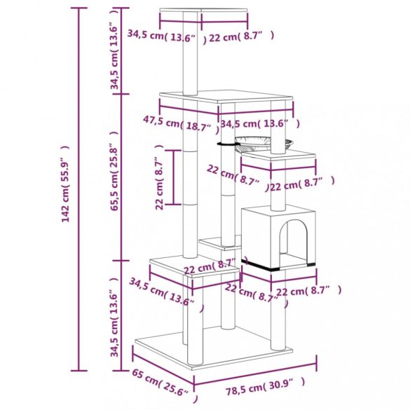 sötétszürke macskabútor szizál kaparófával 142 cm