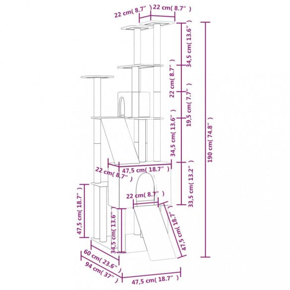 sötétszürke macskabútor szizál kaparófákkal 190 cm