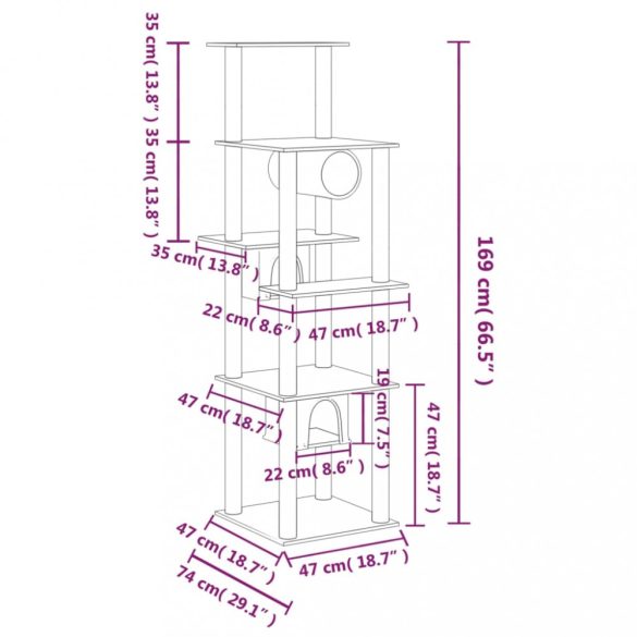 világosszürke macskabútor szizál kaparóoszlopokkal 169 cm