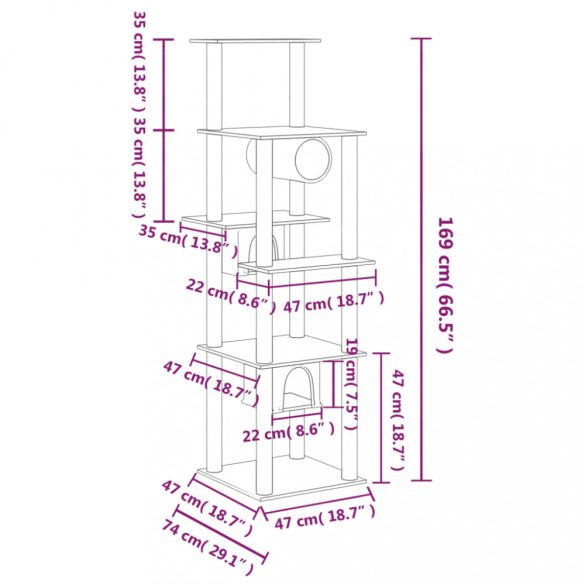 sötétszürke macskabútor szizál kaparóoszlopokkal 169 cm
