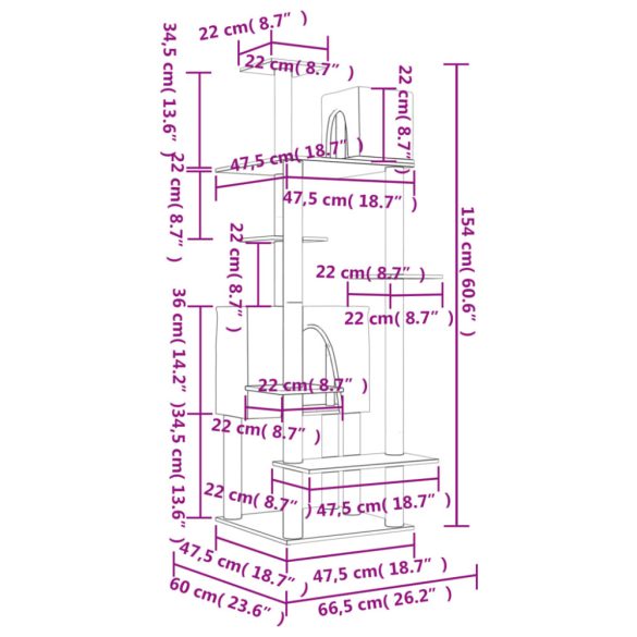 világosszürke macskabútor szizál kaparófákkal 154 cm