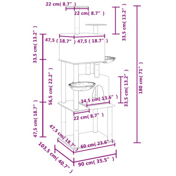 világosszürke macskabútor szizál kaparófákkal 180 cm