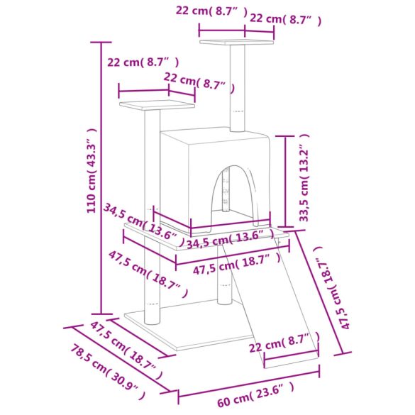 krémszínű macskabútor szizál kaparófákkal 110 cm