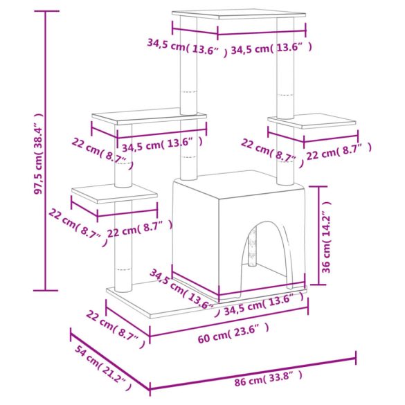 sötétszürke macskabútor szizál kaparófával 97,5 cm
