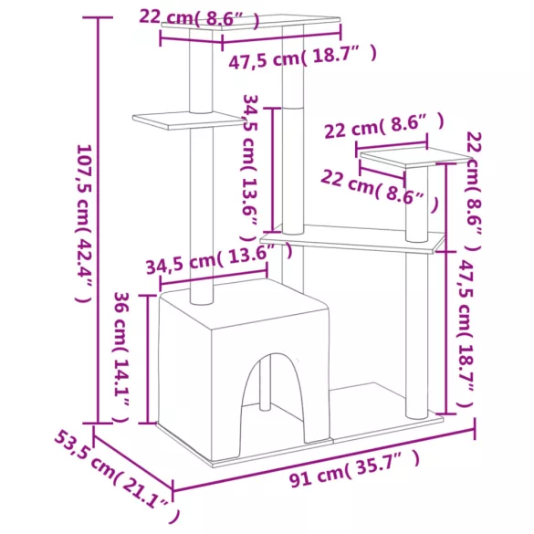 világosszürke macskabútor szizál kaparófákkal 107,5 cm