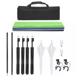 stúdiólámpaszett hátterekkel és ernyőkkel