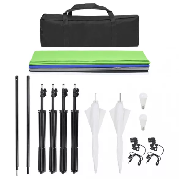 stúdiólámpaszett hátterekkel és ernyőkkel