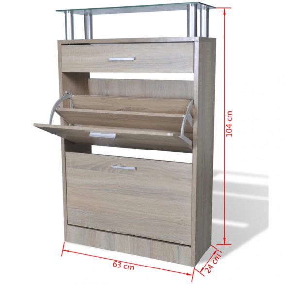 Cipőszekrény fiókkal és üveg felső polccal tölgyfa hatású