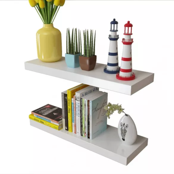 2 db fehér MDF lebegő fali könyvpolc/DVD tároló