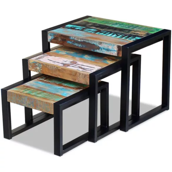 3 darab egymásba rakható tömör újrahasznosított fa asztal