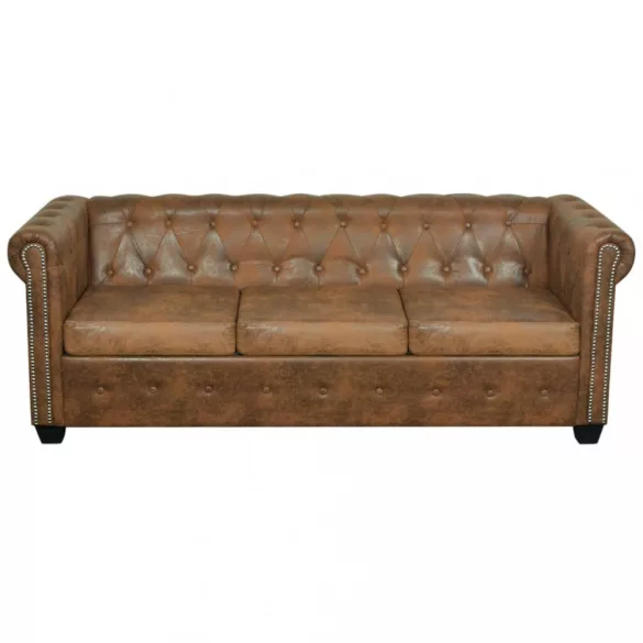 3 személyes barna műbőr Chesterfield kanapé