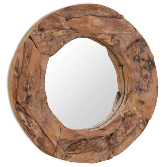 dekoratív és kerek tükör tíkfából 60 cm