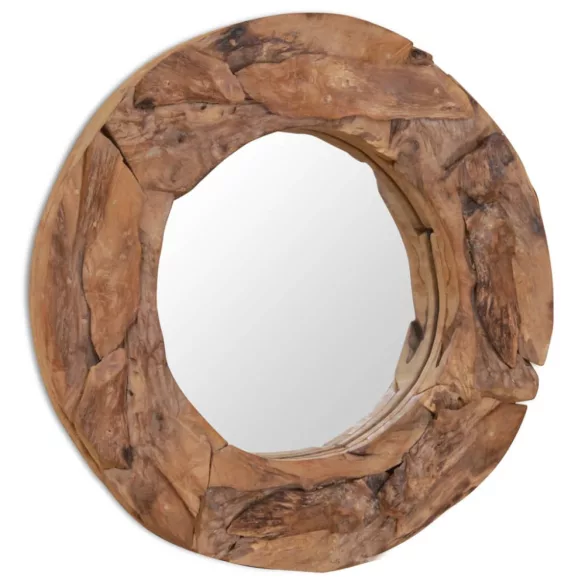 dekoratív és kerek tükör tíkfából 60 cm