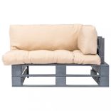 fenyőfa kerti raklapkanapé homokszínű párnákkal