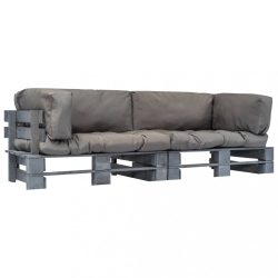   2 részes fenyőfa kerti raklapkanapé garnitúra szürke párnákkal