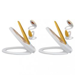   2 db fehér és sárga műanyag WC ülőke lassan csukódó fedéllel