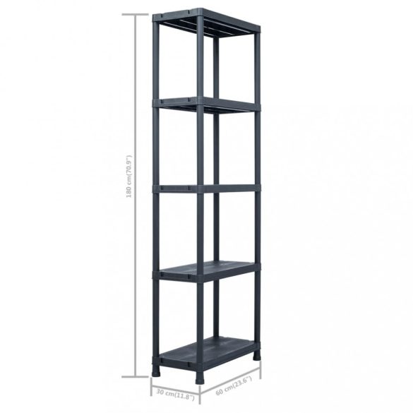 5 db fekete műanyag tároló polc 125 kg 60 x 30 x 180 cm