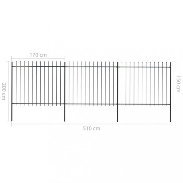 fekete acélkerítés lándzsás tetejű szegéllyel 537 x 150 cm