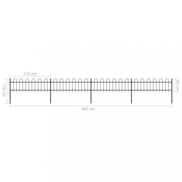 fekete acélkerítés karikás tetejű 714,5 x 60 cm