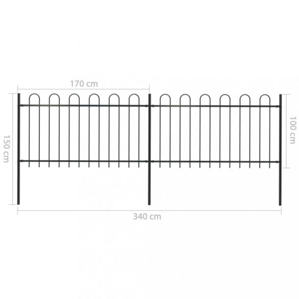 fekete acélkerítés karikás tetejű 359 x 100 cm