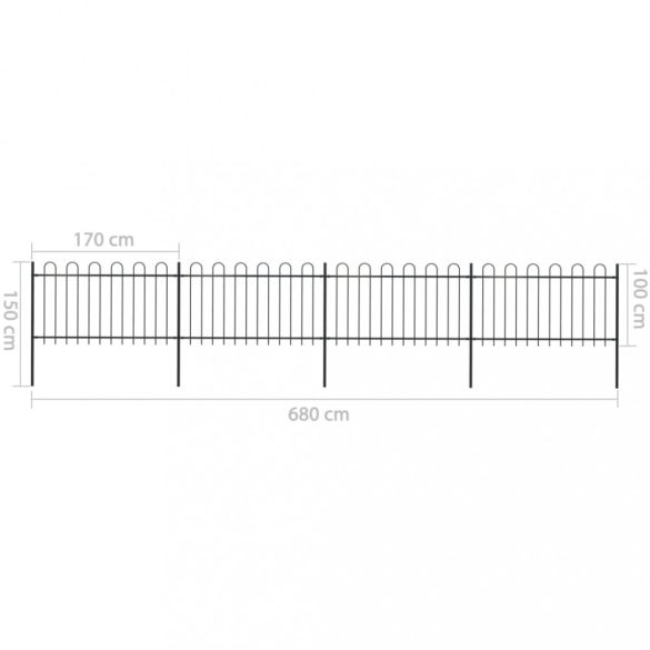 fekete acélkerítés karikás tetejű 714,5 x 100 cm