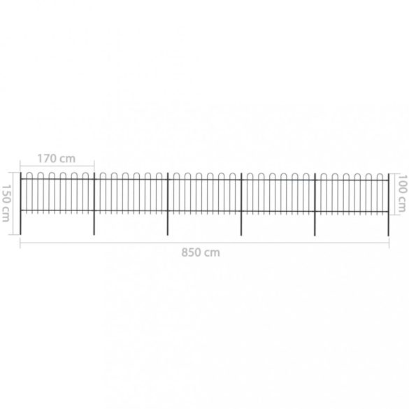 fekete acélkerítés karikás tetejű 892,5 x 100 cm