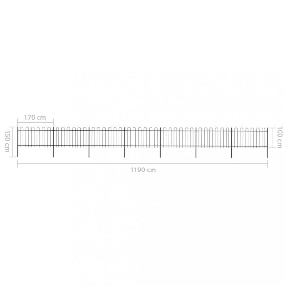 fekete acélkerítés karikás tetejű 1248 x 100 cm