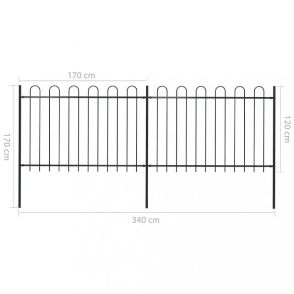 fekete acélkerítés karikás tetejű 359 x 120 cm
