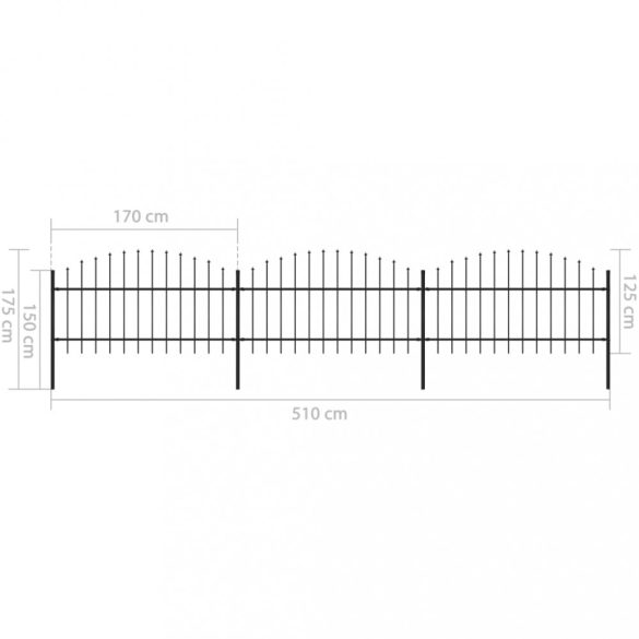 fekete acélkerítés lándzsás tetejű 537 x 125 cm