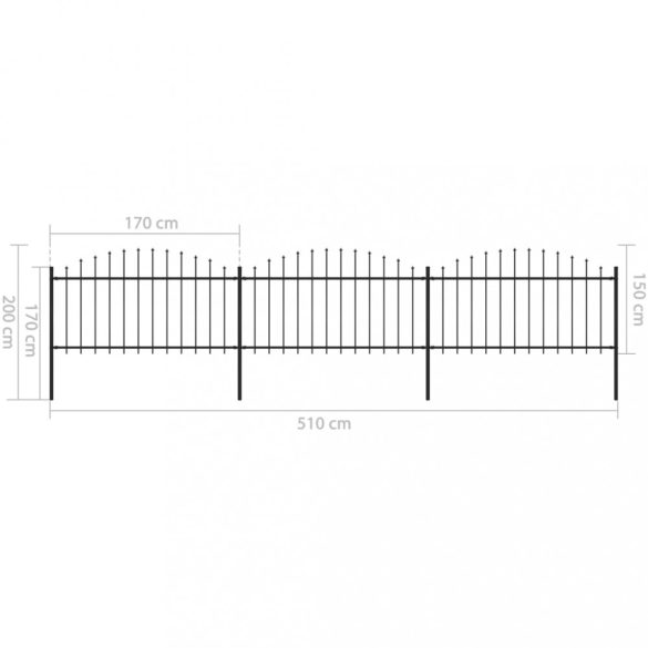 fekete acélkerítés lándzsás tetejű szegéllyel 537 x 150 cm
