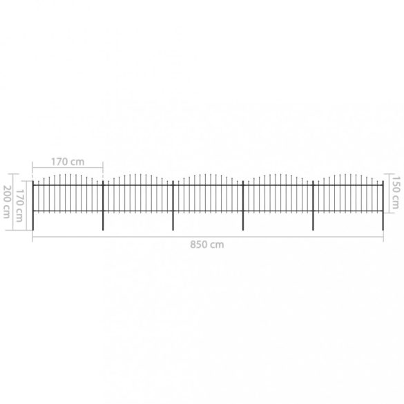 fekete acélkerítés lándzsás tetejű szegéllyel 892,5 x 150 cm