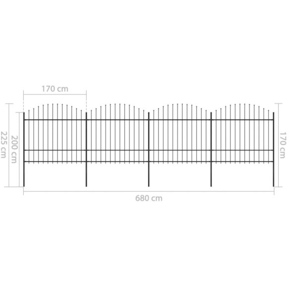 fekete acélkerítés lándzsás tetejű 714,5 x 175 cm