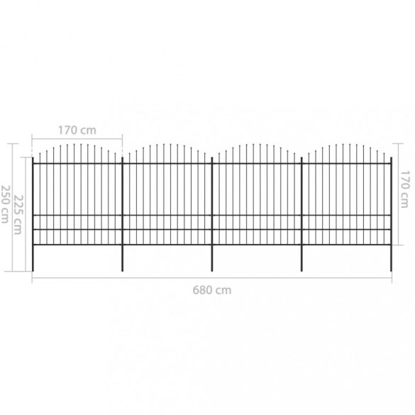 fekete acélkerítés lándzsás tetejű 714,5 x 200 cm