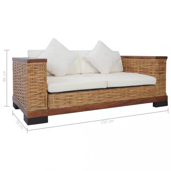 2 személyes barna természetes rattan kanapé párnával