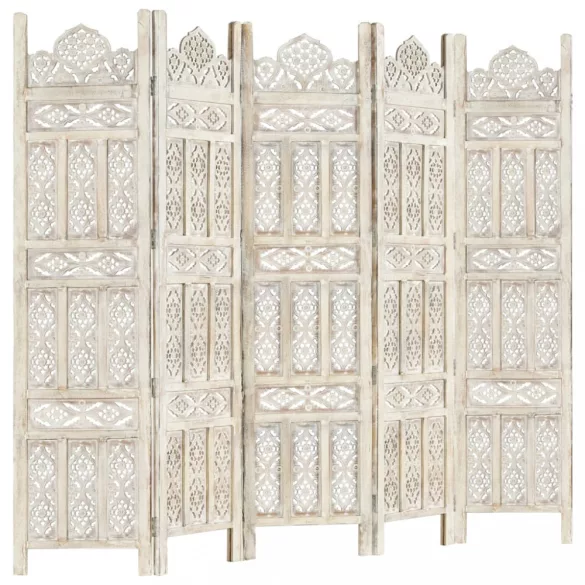 5-paneles fehér mangófa kézzel faragott térelválasztó 200x165cm