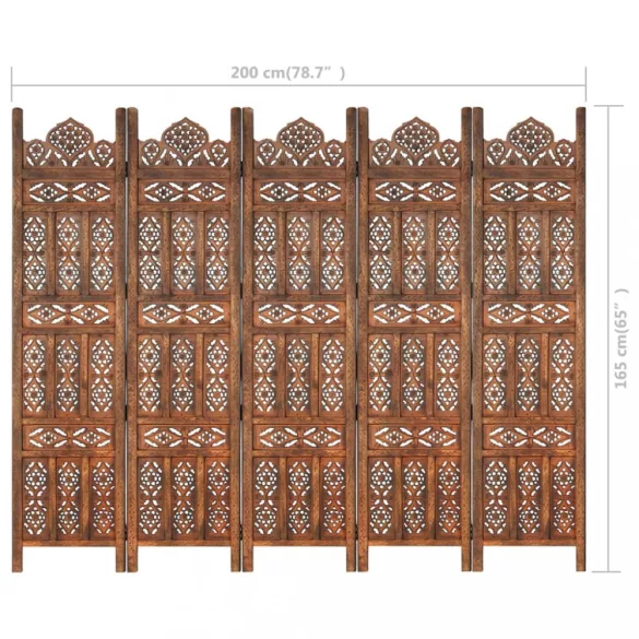 5-paneles barna mangófa kézzel faragott térelválasztó 200x165cm