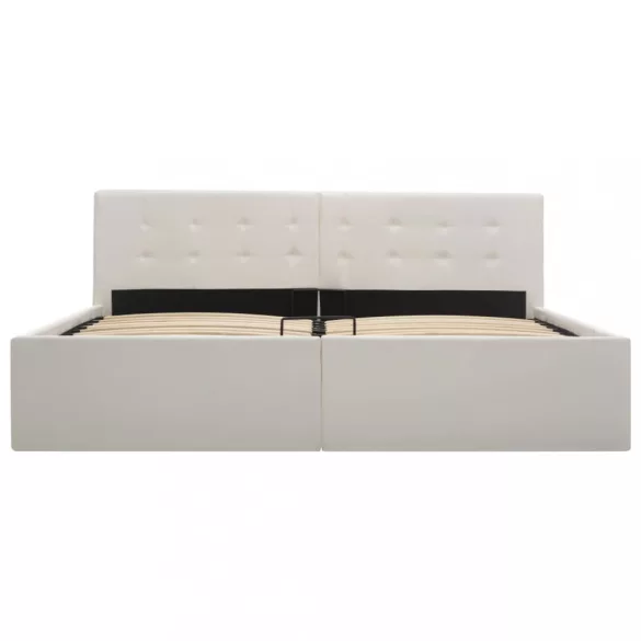 fehér műbőr ágykeret hidraulikus tárolóval 160 x 200 cm