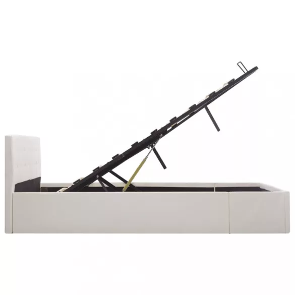 fehér műbőr ágykeret hidraulikus tárolóval 160 x 200 cm