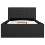 sötétszürke szövet ágykeret hidraulikus tárolóval 100 x 200 cm