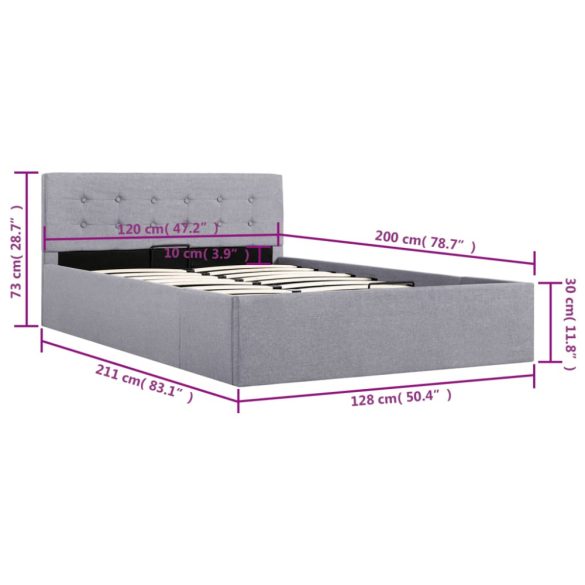 világosszürke szövet ágykeret hidraulikus tárolóval 120x200 cm