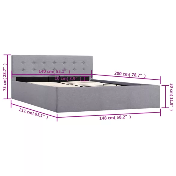 világosszürke szövet ágykeret hidraulikus tárolóval 140x200 cm