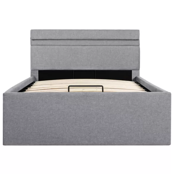 világosszürke szövet LED-es ágy hidraulikus tárolóval 90x200 cm